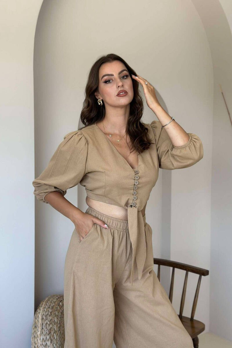 BUTTONS CROP AND PANTS WOMAN SET BEIGE/BEZHE - 4