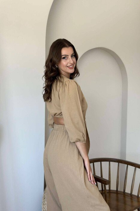 BUTTONS CROP AND PANTS WOMAN SET BEIGE/BEZHE - 5