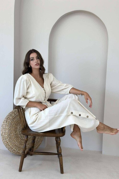 BUTTONS CROP AND PANTS WOMAN SET CREAM/KREM - 1