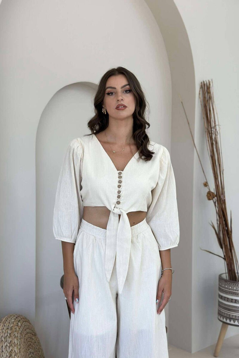 BUTTONS CROP AND PANTS WOMAN SET CREAM/KREM - 3