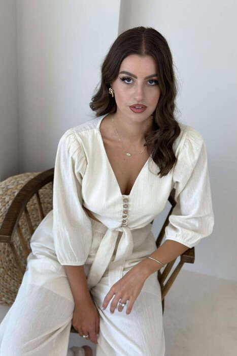 BUTTONS CROP AND PANTS WOMAN SET CREAM/KREM - 4