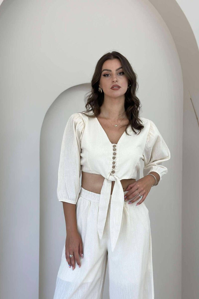 BUTTONS CROP AND PANTS WOMAN SET CREAM/KREM - 5