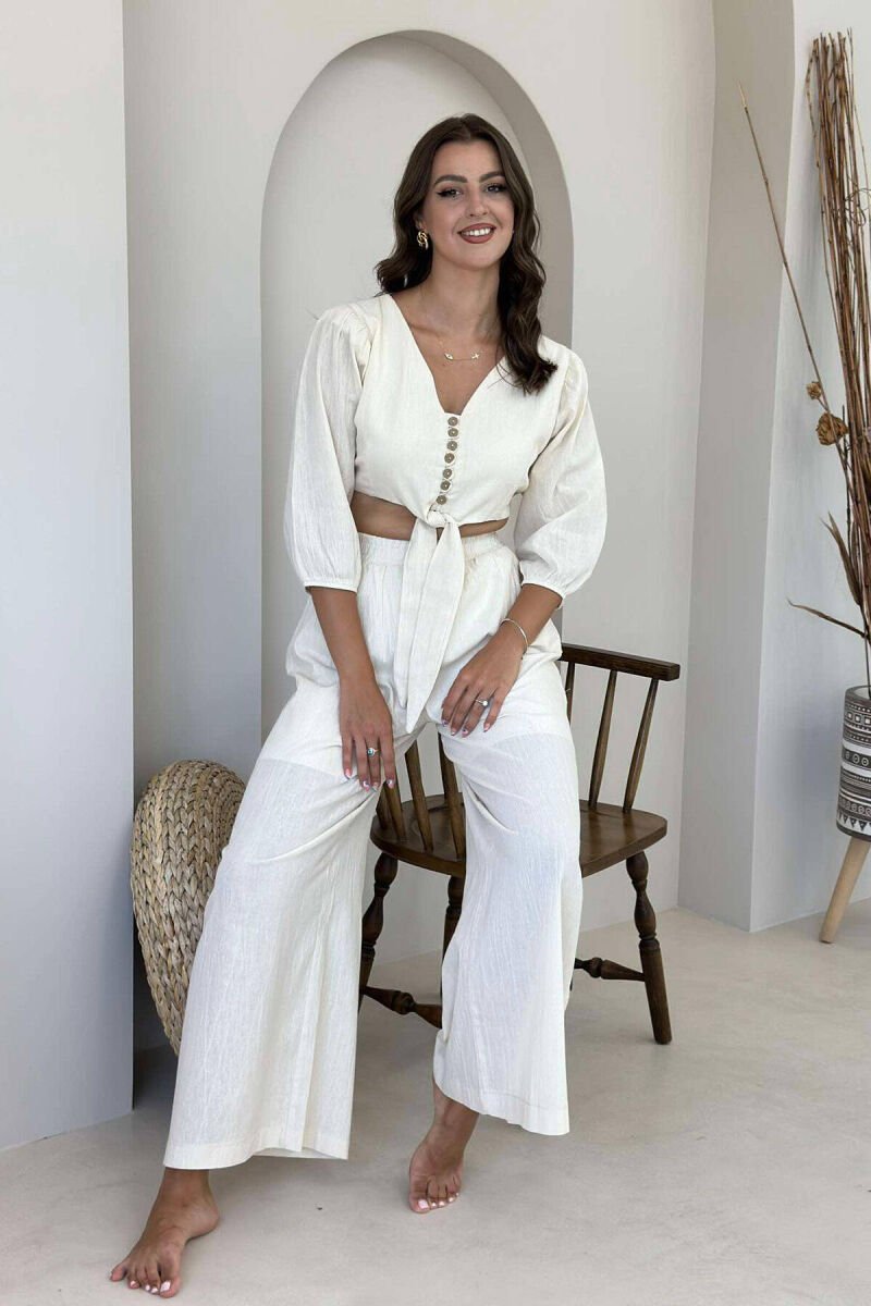 BUTTONS CROP AND PANTS WOMAN SET CREAM/KREM - 7