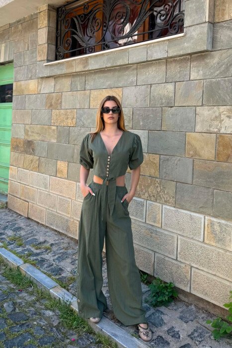 BUTTONS CROP AND PANTS WOMAN SET GREEN/JESHILE - 1