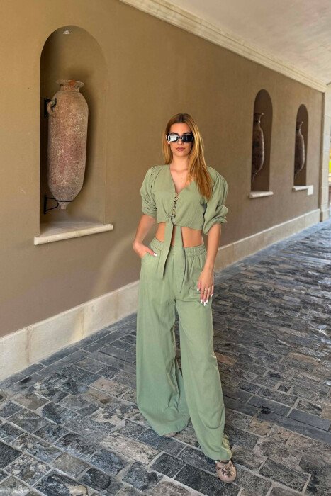 BUTTONS CROP AND PANTS WOMAN SET LIGHT GREEN/JEZB 