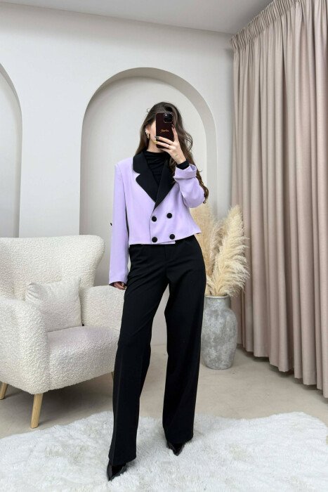 BUTTONS DETAIL CROPPED WOMEN JACKET LIGHT PURPLE/LEZB - KLAUDIO FASHION