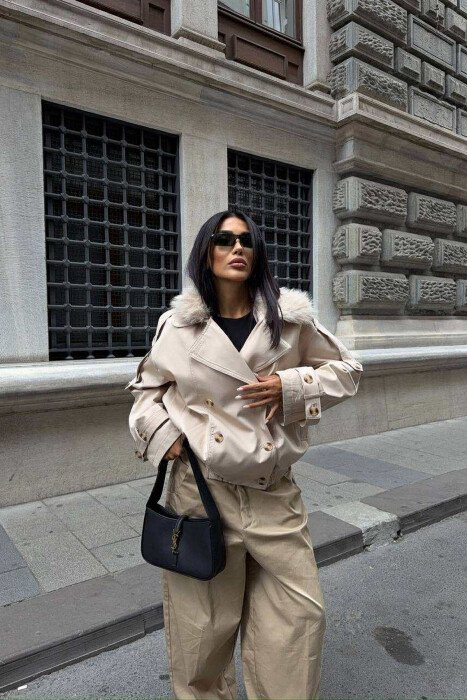 BUTTONS DETAIL FLUFFY NECK SHORT WOMEN JACKET BEIGE/BEZHE - 1