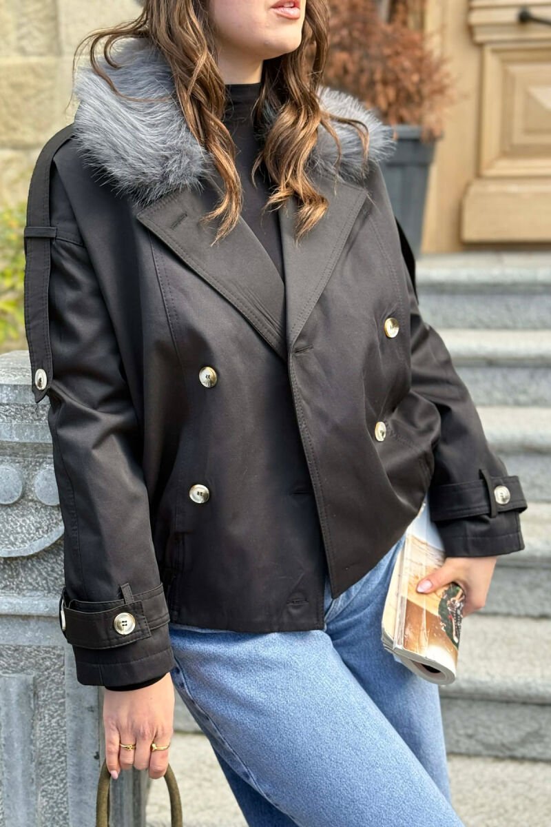 BUTTONS DETAIL FLUFFY NECK SHORT WOMEN JACKET BLACK/ E ZEZE - 4