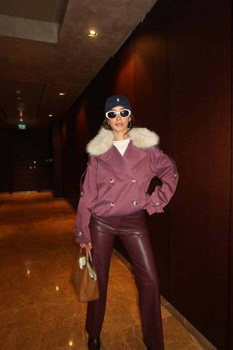 BUTTONS DETAIL FLUFFY NECK SHORT WOMEN JACKET PURPLE/LEJLA - 3