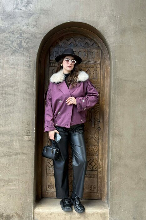 BUTTONS DETAIL FLUFFY NECK SHORT WOMEN JACKET PURPLE/LEJLA - 1