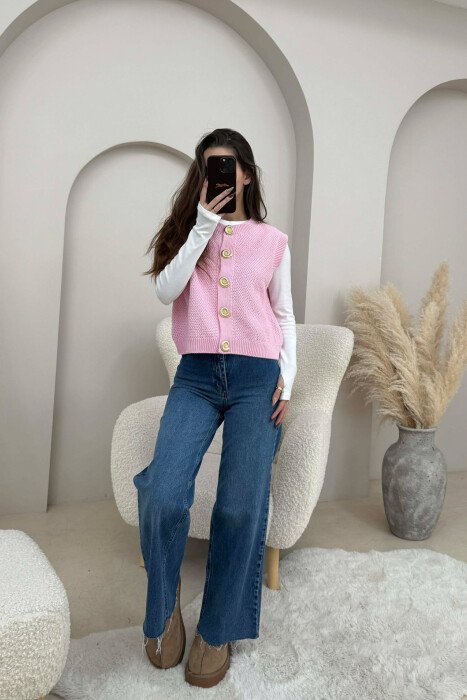 BUTTONS DETAIL KNIT SIMPLE WOMEN VEST PINK/ROZE 