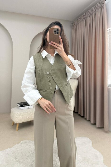 BUTTONS DETAIL LEATHER WOMEN VEST OLIVE/ULLI 
