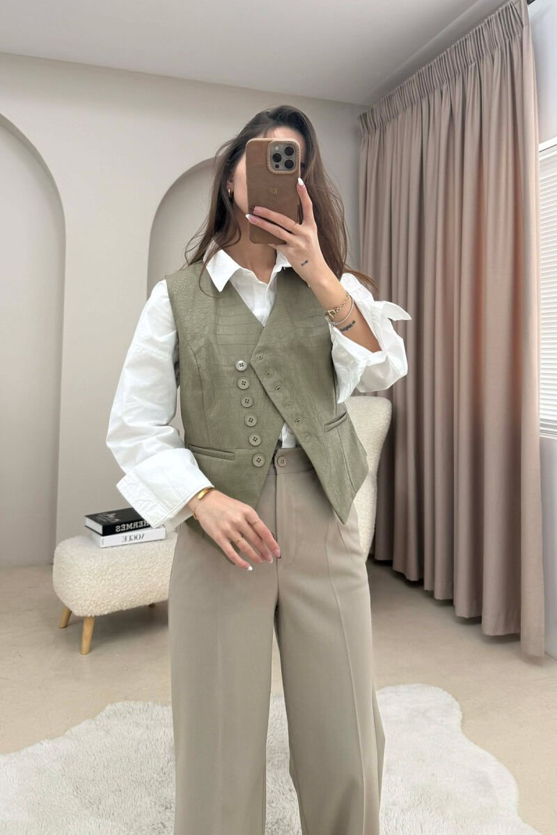BUTTONS DETAIL LEATHER WOMEN VEST OLIVE/ULLI - 1