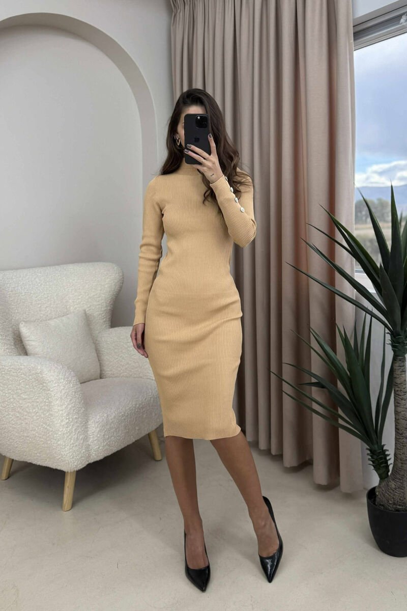 BUTTONS DETAIL ONE COLOR LONG WOMEN DRESS BEIGE/BEZHE - 1