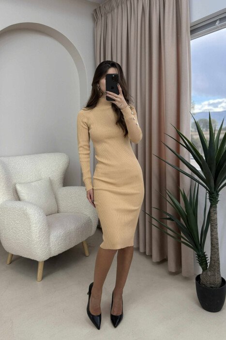 BUTTONS DETAIL ONE COLOR LONG WOMEN DRESS BEIGE/BEZHE - 2