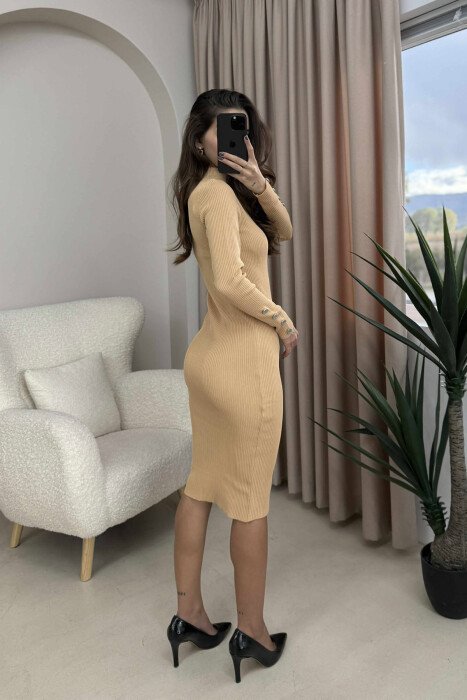 BUTTONS DETAIL ONE COLOR LONG WOMEN DRESS BEIGE/BEZHE - 3