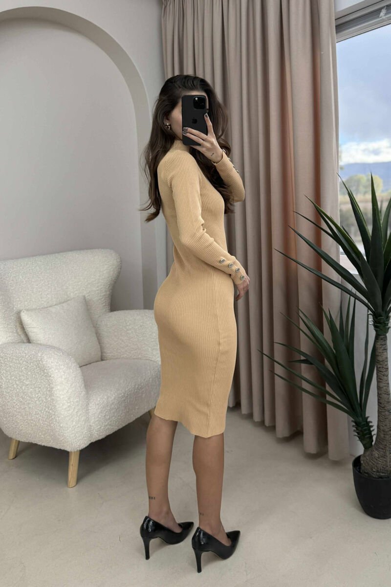 BUTTONS DETAIL ONE COLOR LONG WOMEN DRESS BEIGE/BEZHE - 3