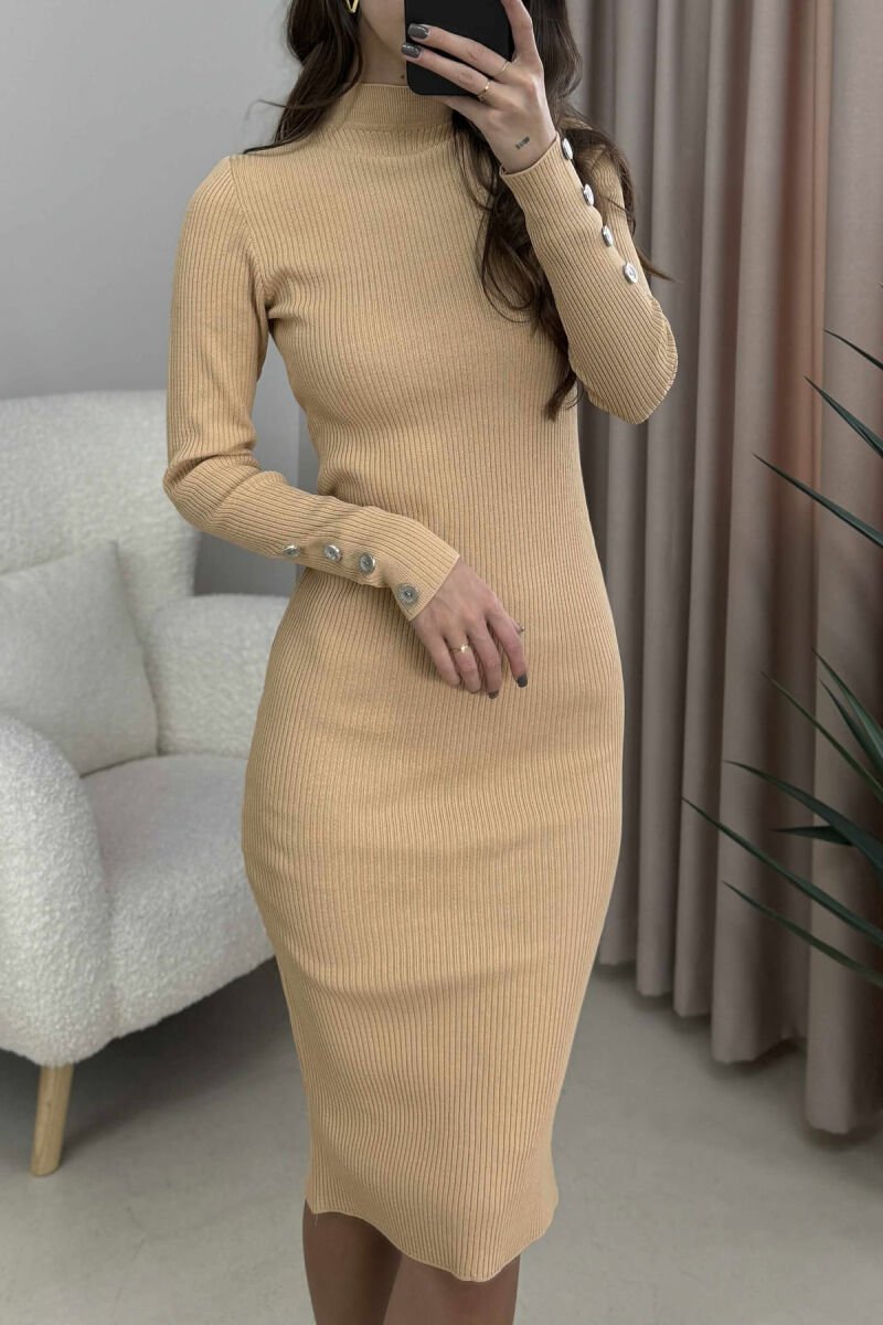 BUTTONS DETAIL ONE COLOR LONG WOMEN DRESS BEIGE/BEZHE - 4