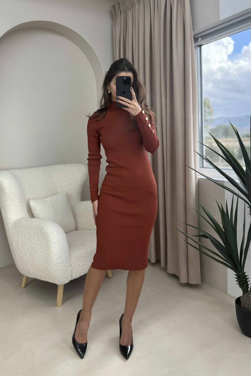 BUTTONS DETAIL ONE COLOR LONG WOMEN DRESS BRICK/TULLE - 1