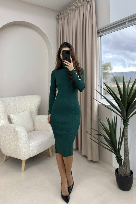 BUTTONS DETAIL ONE COLOR LONG WOMEN DRESS DARK GREEN/JEE - 1