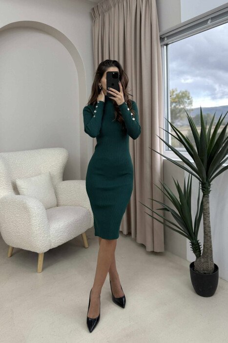 BUTTONS DETAIL ONE COLOR LONG WOMEN DRESS DARK GREEN/JEE - 2