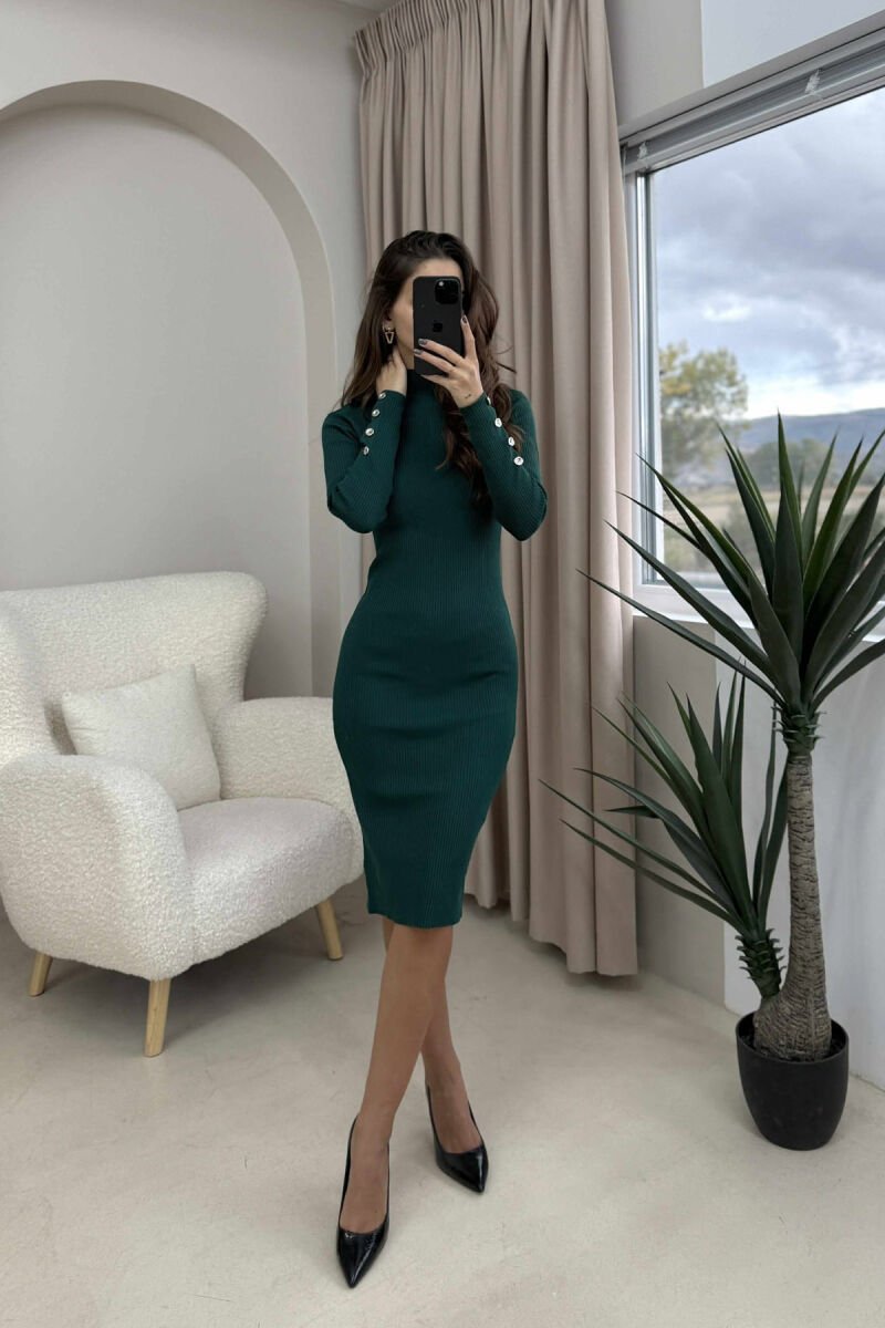 BUTTONS DETAIL ONE COLOR LONG WOMEN DRESS DARK GREEN/JEE - 2
