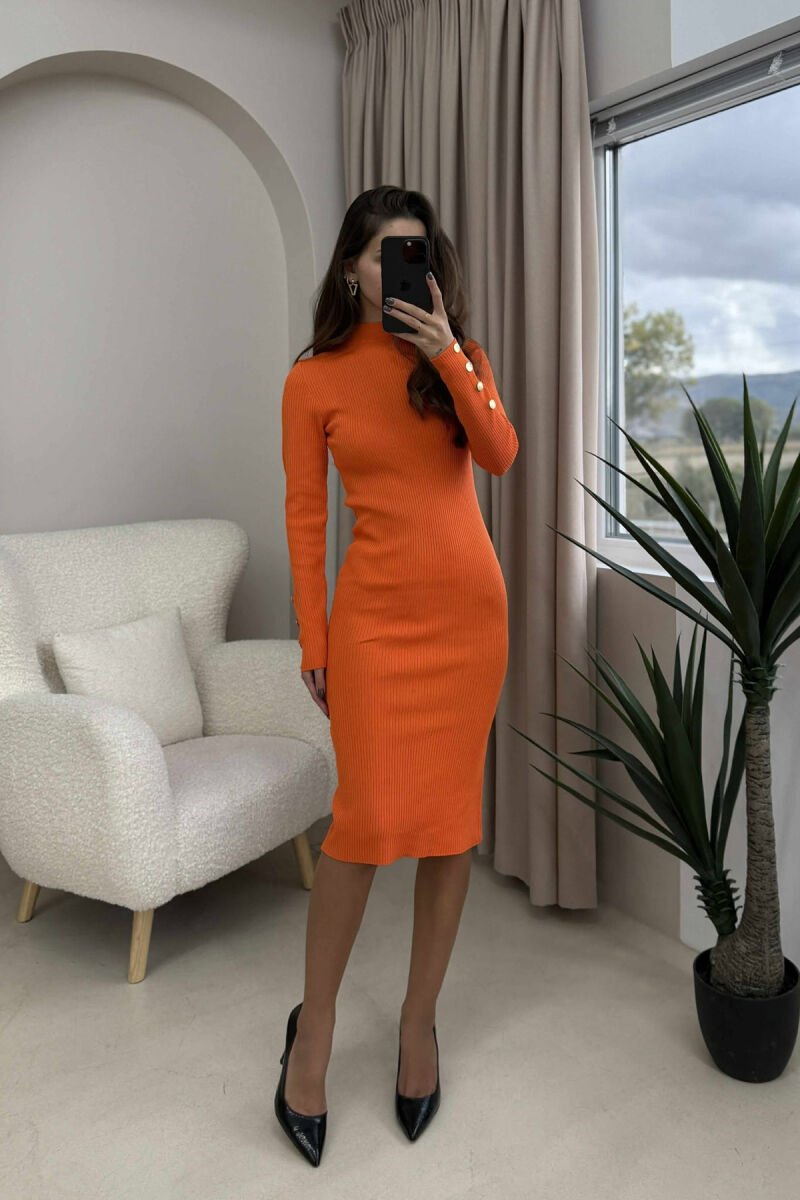 BUTTONS DETAIL ONE COLOR LONG WOMEN DRESS ORANGE/PORTOKALLI - 1