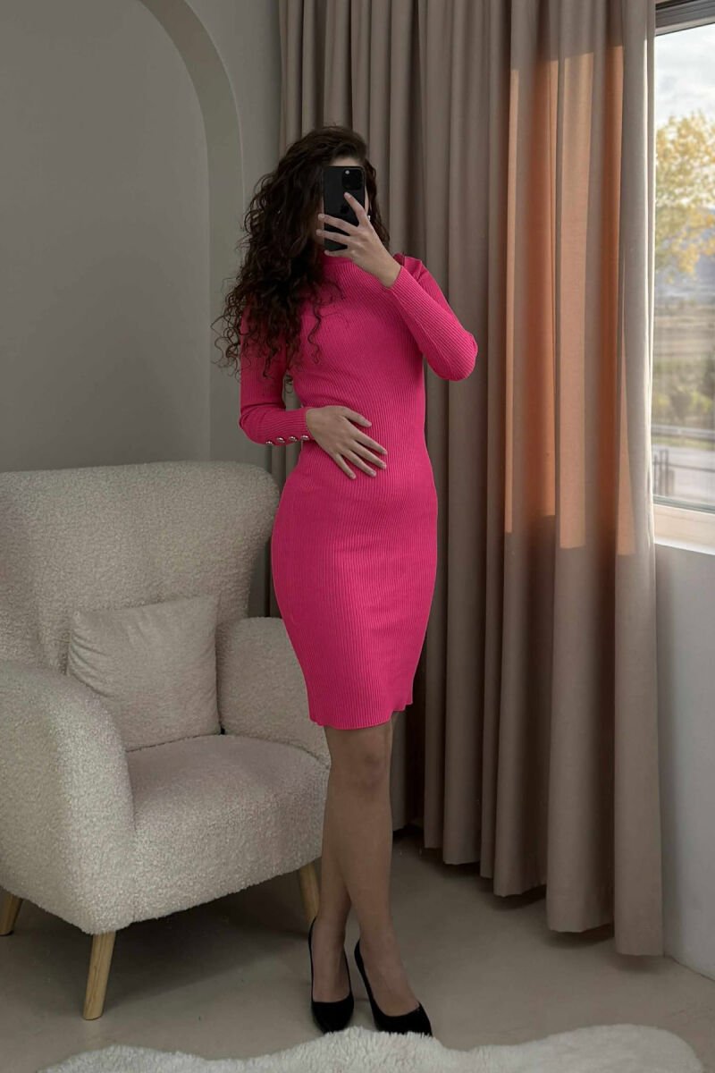 BUTTONS DETAIL ONE COLOR LONG WOMEN DRESS PINK/ROZE - 2