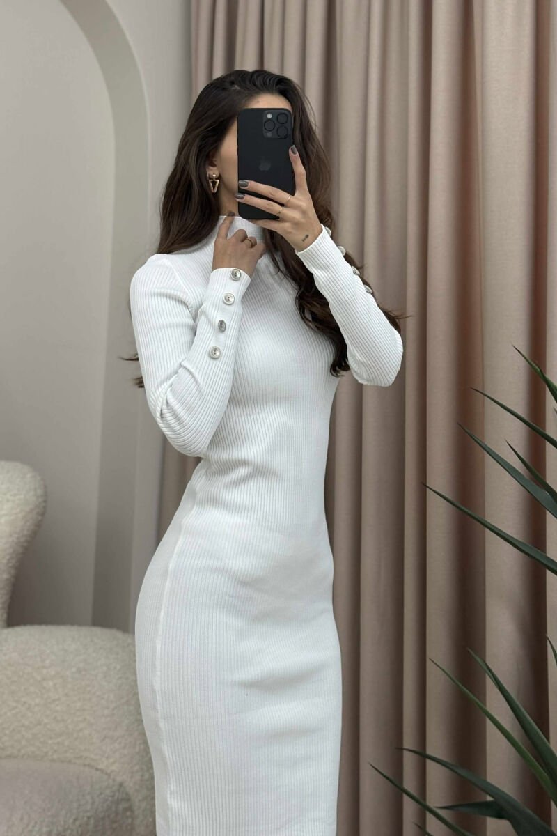 BUTTONS DETAIL ONE COLOR LONG WOMEN DRESS WHITE-E BARDHE - 4