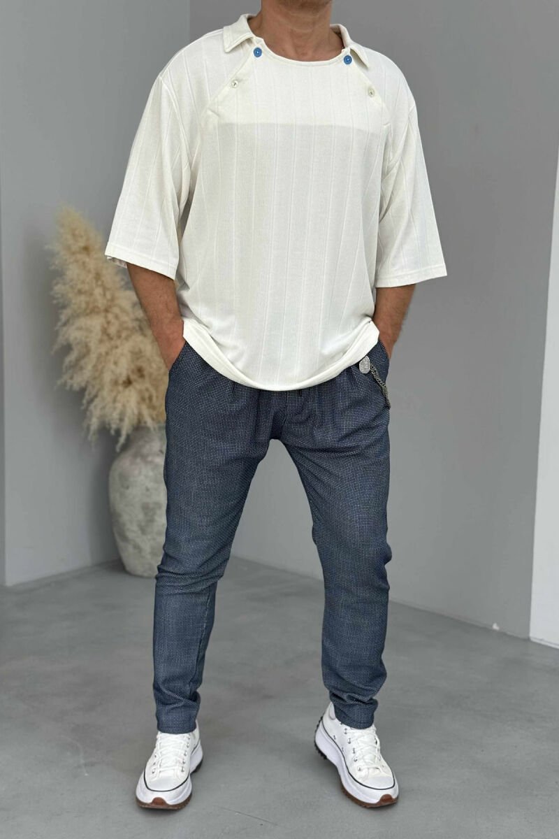 BUTTONS DETAIL ONE COLOR MEN T-SHIRT CREAM/KREM - 1