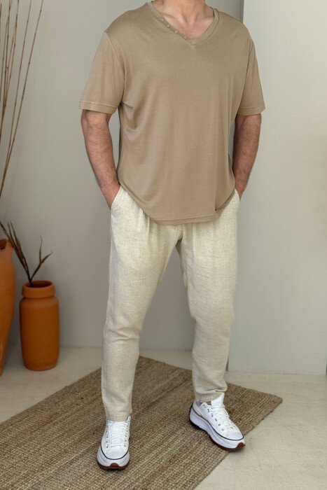 BUTTONS DETAIL ONE COLOR MEN T-SHIRT LIGHT BROWN/KAZB - KLAUDIO FASHION