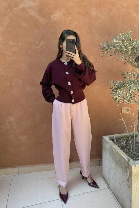 BUTTONS DETAIL ONE COLOR WOMEN CARDIGAN BURGUNDY/VISHNJE 