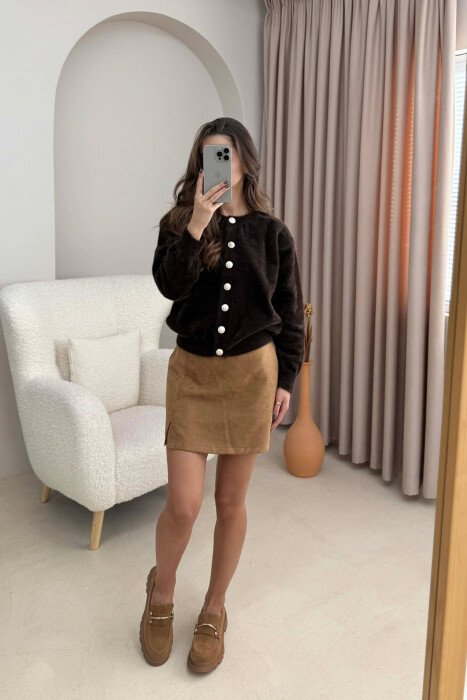 BUTTONS DETAIL ONE COLOR WOMEN CARDIGAN DARK BROWN/KAE 