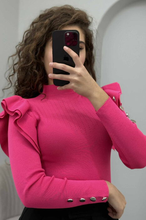 BUTTONS DETAIL ONE COLOR WOMEN SWEATER FUCHSIA/CIKLAMI - 4