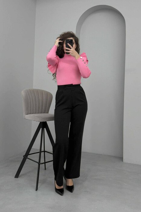 BUTTONS DETAIL ONE COLOR WOMEN SWEATER PINK/ROZE - 1