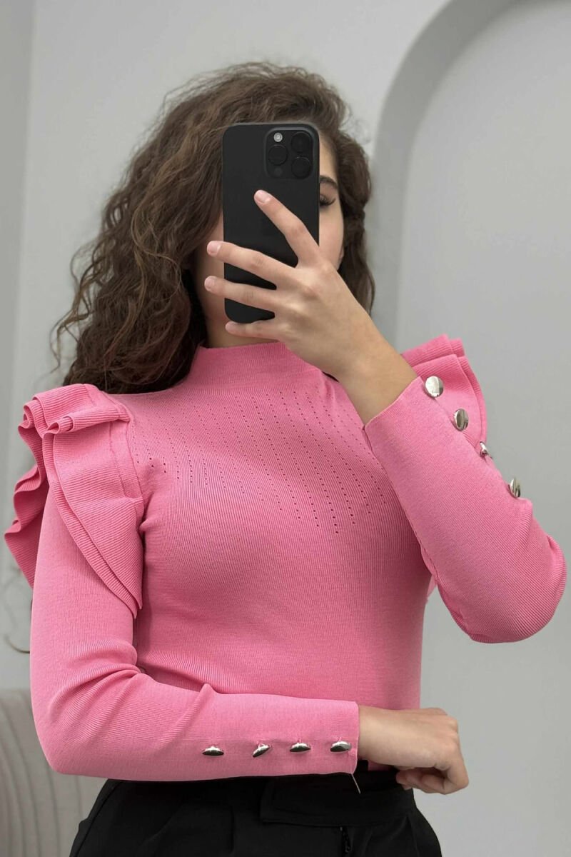 BUTTONS DETAIL ONE COLOR WOMEN SWEATER PINK/ROZE - 3