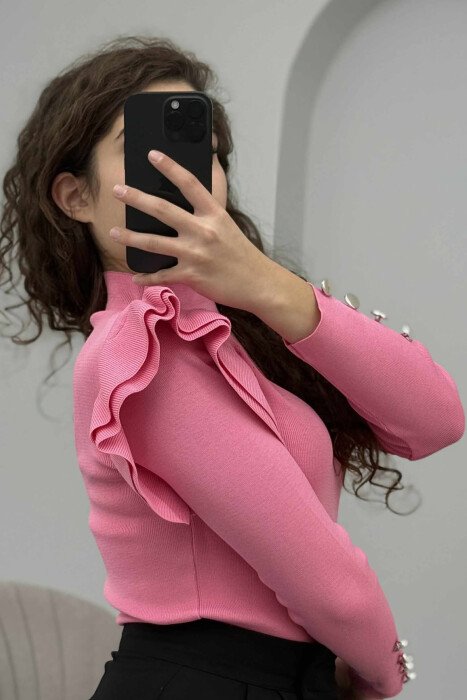 BUTTONS DETAIL ONE COLOR WOMEN SWEATER PINK/ROZE - 4
