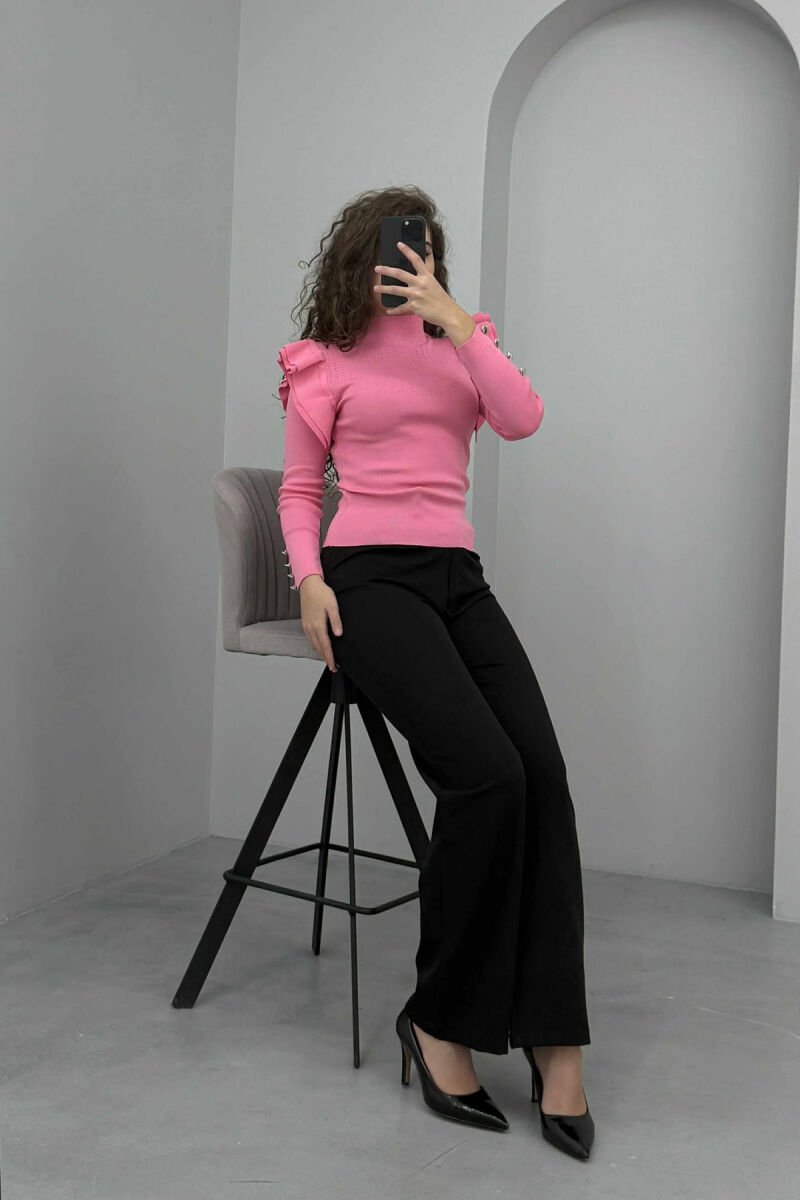 BUTTONS DETAIL ONE COLOR WOMEN SWEATER PINK/ROZE - 5