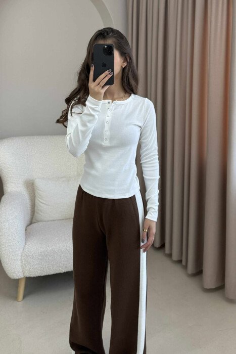 BUTTONS DETAIL ONE COLOR WOMEN SWEATSHIRT WHITE-E BARDHE - KLAUDIO FASHION