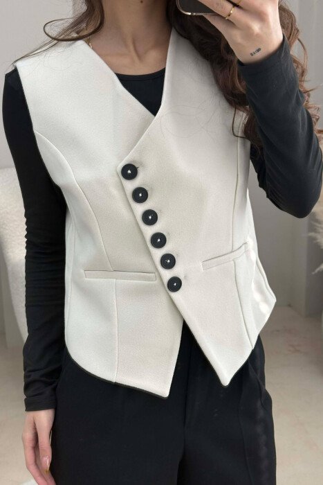 BUTTONS DETAIL ONE COLOR WOMEN VEST CREAM/KREM - 3