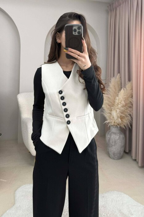 BUTTONS DETAIL ONE COLOR WOMEN VEST CREAM/KREM - 4