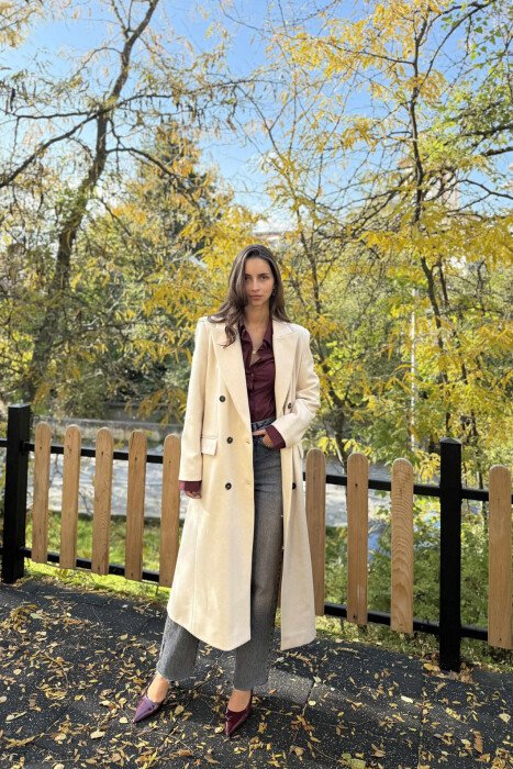 BUTTONS DETAIL POCKETS LONG WOMEN COAT CREAM/KREM 