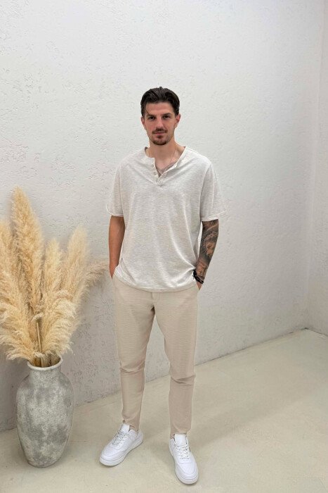 BUTTONS DETAIL SIMPLE MEN T-SHIRT CREAM/KREM - 2