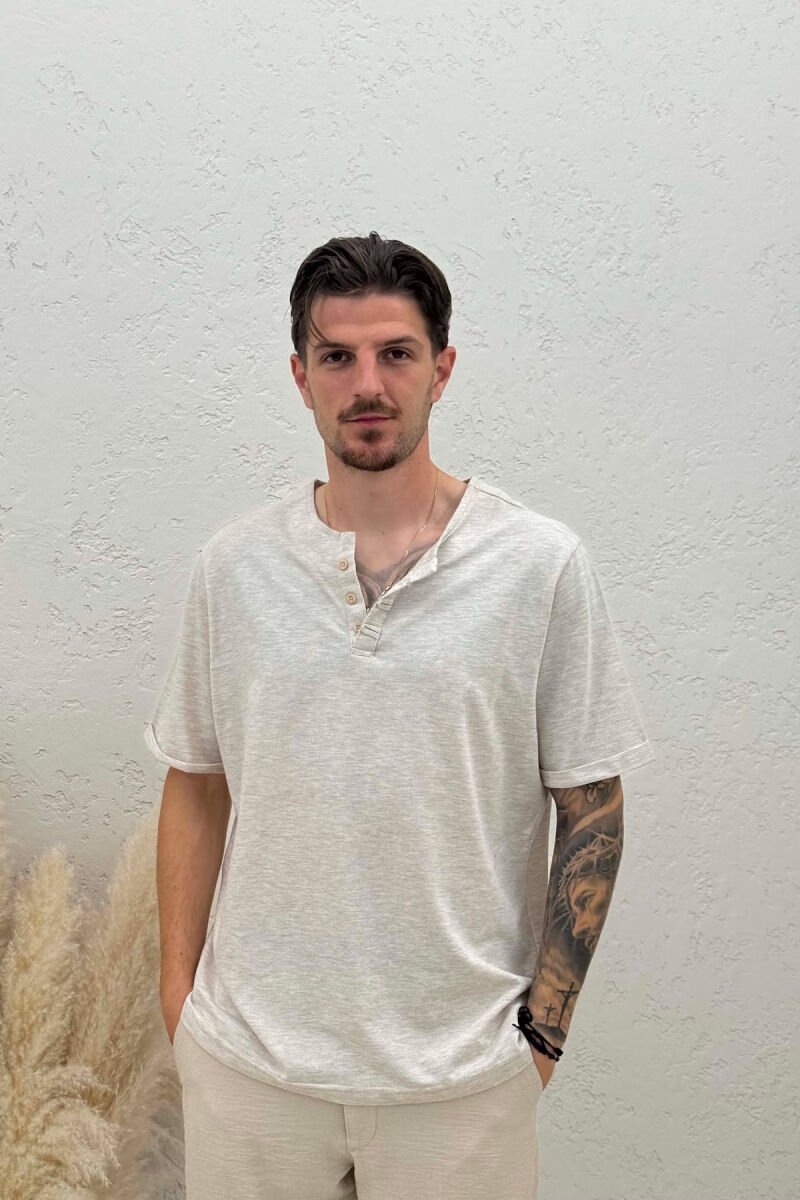BUTTONS DETAIL SIMPLE MEN T-SHIRT CREAM/KREM - 4