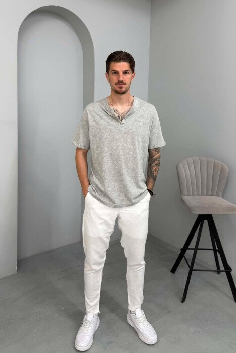 BUTTONS DETAIL SIMPLE MEN T-SHIRT LIGHT GREY/GZ - 3