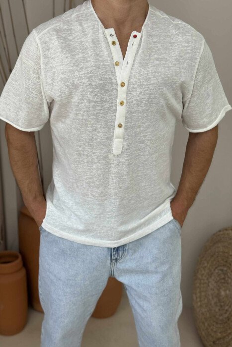 BUTTONS DETAIL SIMPLE MEN T-SHIRT WHITE-E BARDHE - 2