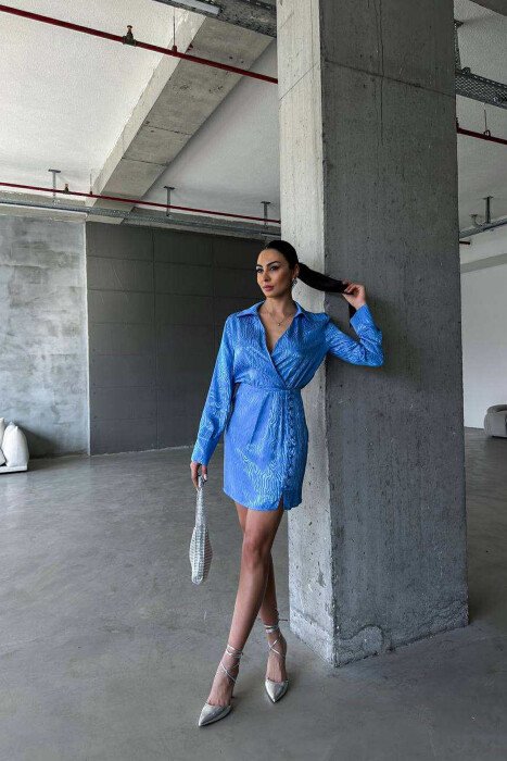 BUTTONS DETAIL V NECK WOMEN DRESS BLUE/BLU - 1
