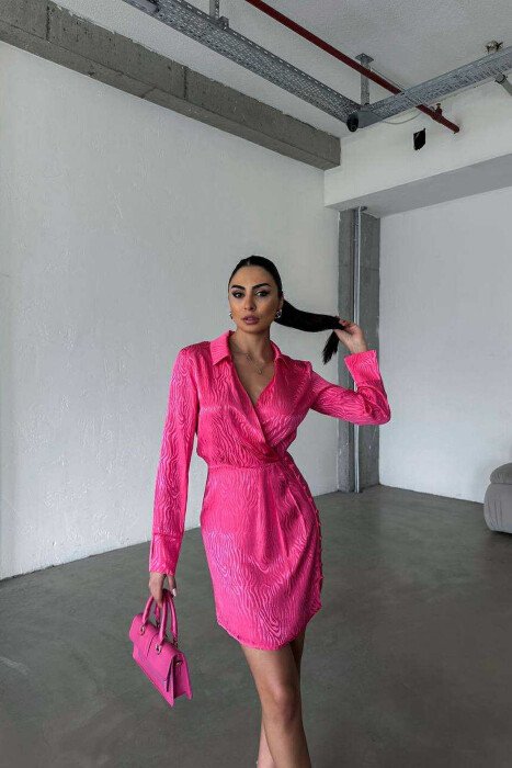 BUTTONS DETAIL V NECK WOMEN DRESS FUCHSIA/CIKLAMI 