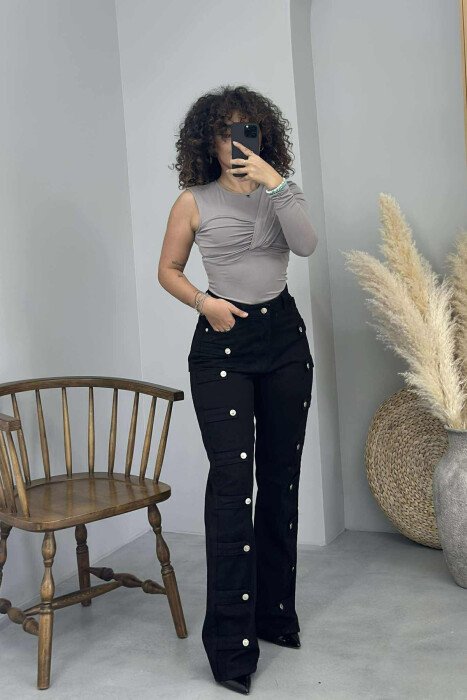 BUTTONS DETAILS ONE COLOR WOMEN JEANS BLACK/ E ZEZE - 3