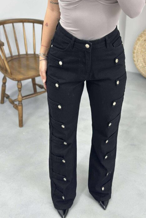 BUTTONS DETAILS ONE COLOR WOMEN JEANS BLACK/ E ZEZE - 1